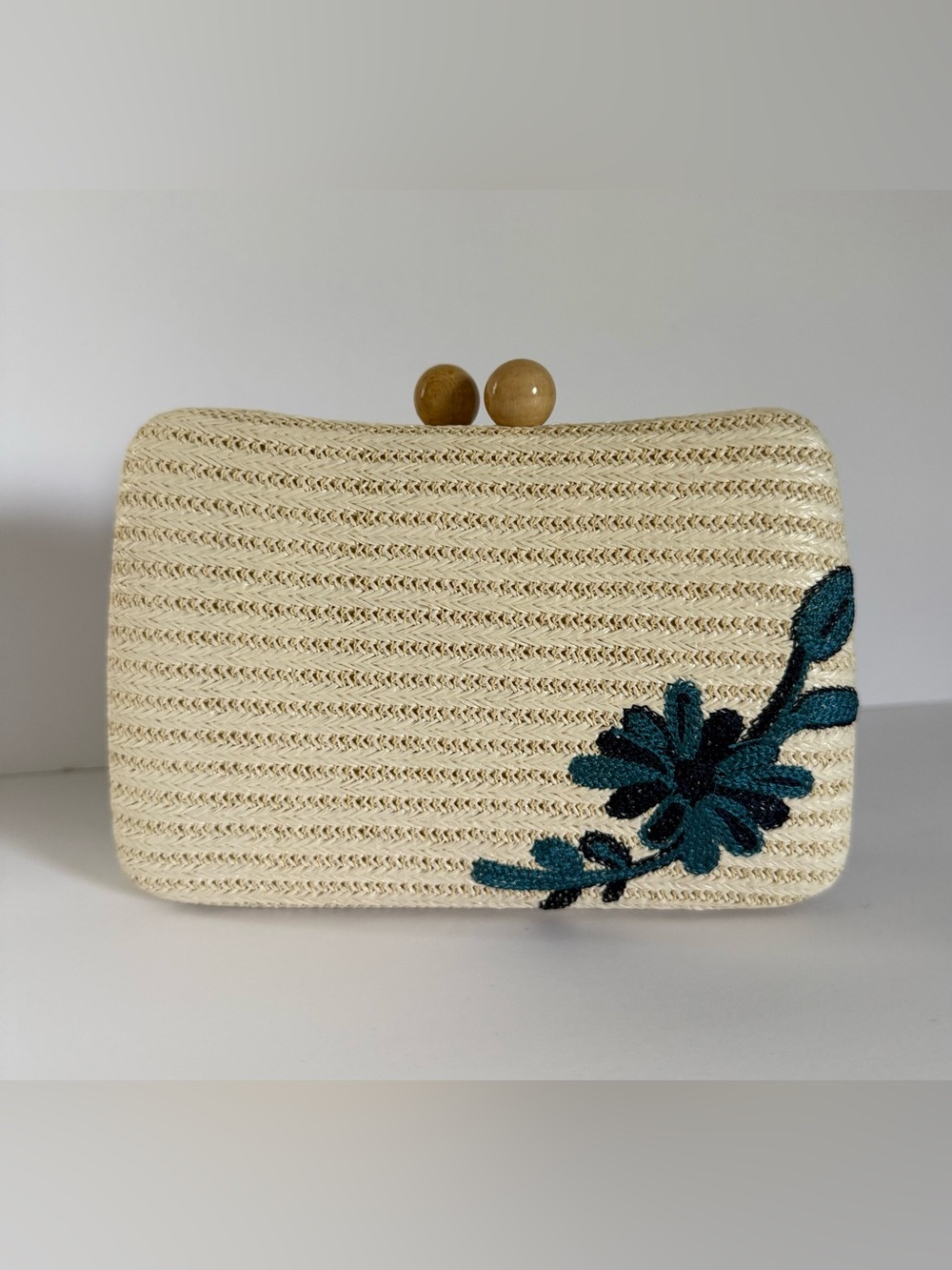Haute Hippie Cream Woven Crossbody with Blue Floral Embroidery